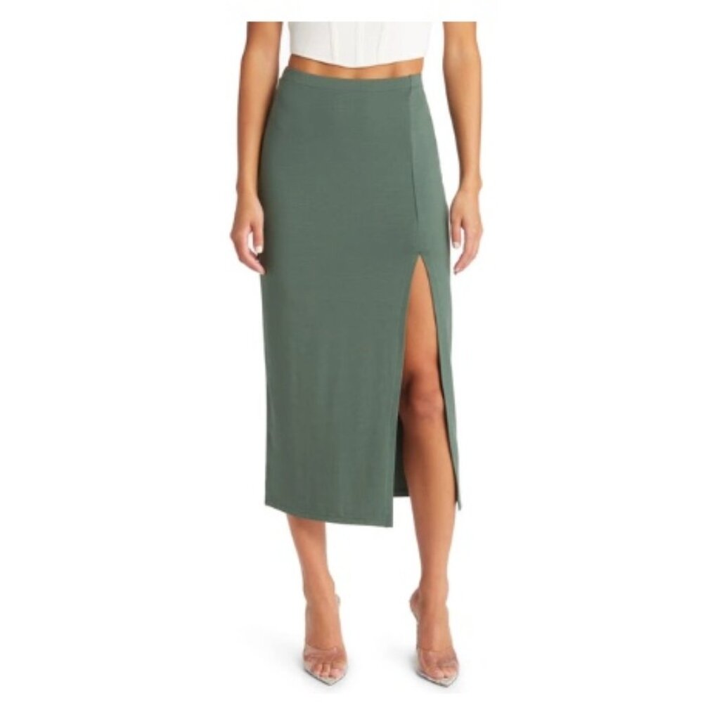 Spring Midi Versatile OPEN EDIT Slit Hem Skirt In Green Cilantro Small
